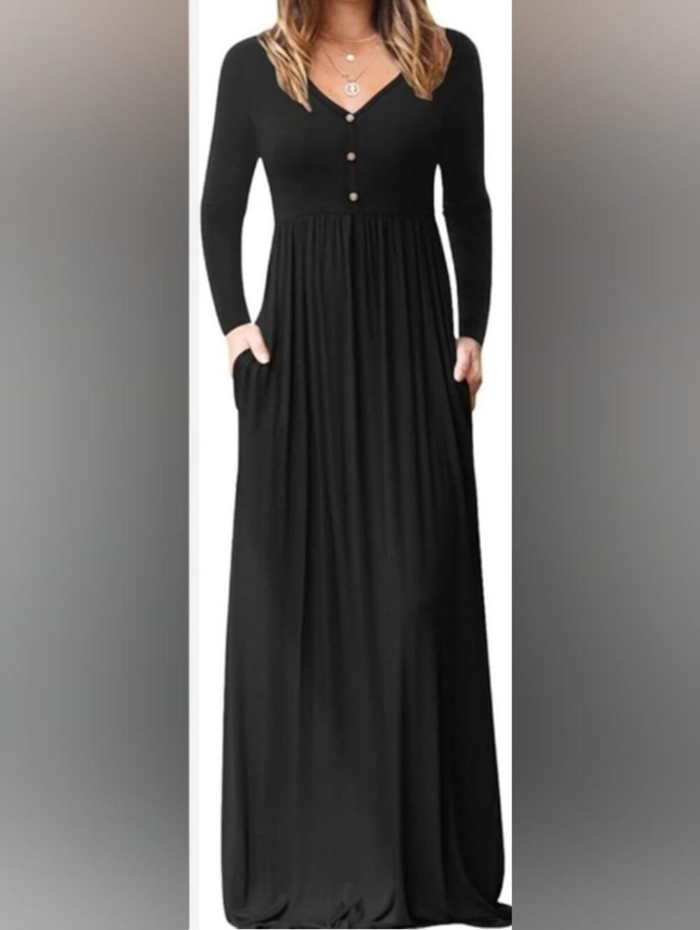 Elegant Black V-Neck Maxi Dress with Button Front